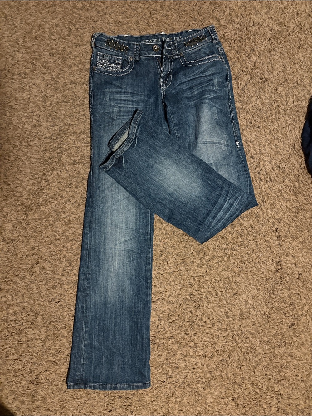 Cowgirl Tuff Women's Medium-Dark Blue Bootcut Jeans with Studded Waist
